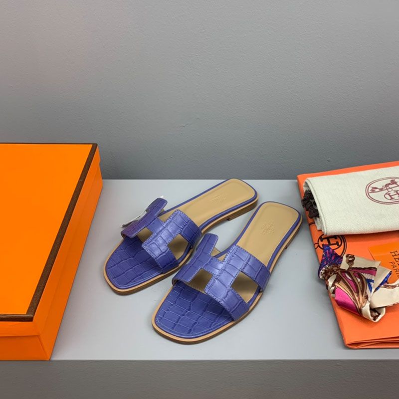 Hermes Oran Slides Women Crocodile Leather In Violet