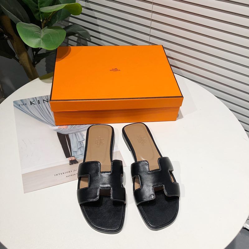 Hermes Oran Slides Women Calfskin In Black