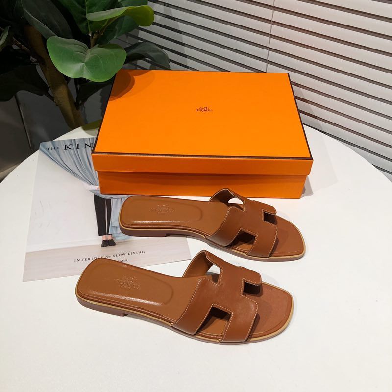 Hermes Oran Slides Women Calfskin In Brown