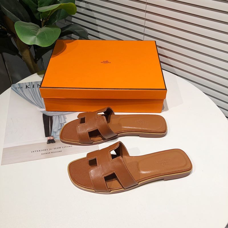 Hermes Oran Slides Women Calfskin In Brown