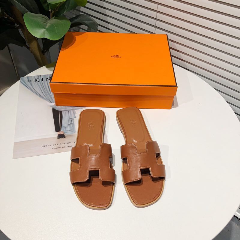 Hermes Oran Slides Women Calfskin In Brown