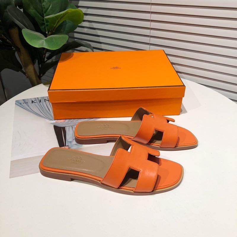 Hermes Oran Slides Women Calfskin In Orange