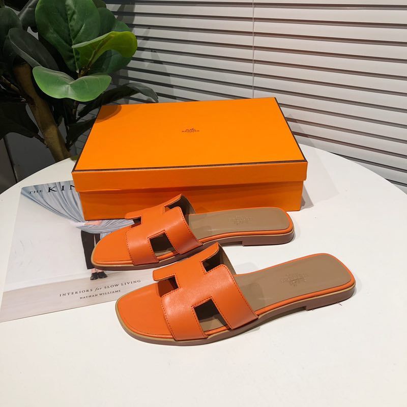 Hermes Oran Slides Women Calfskin In Orange