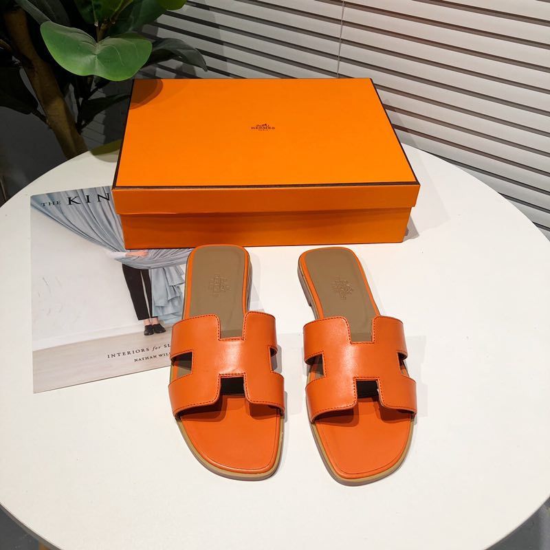 Hermes Oran Slides Women Calfskin In Orange