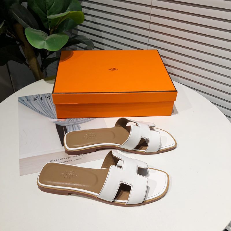 Hermes Oran Slides Women Calfskin In White