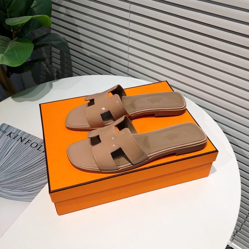 Hermes Oran Slides Women Nappa Leather In Nude