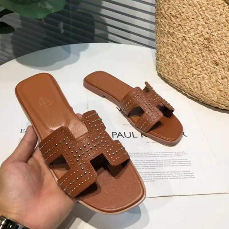 Hermes Oran Slides Women Palladium Studs Calfskin In Brown