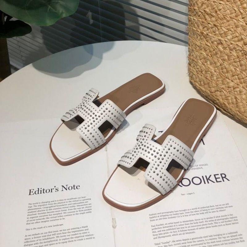 Hermes Oran Slides Women Palladium Studs Calfskin In White