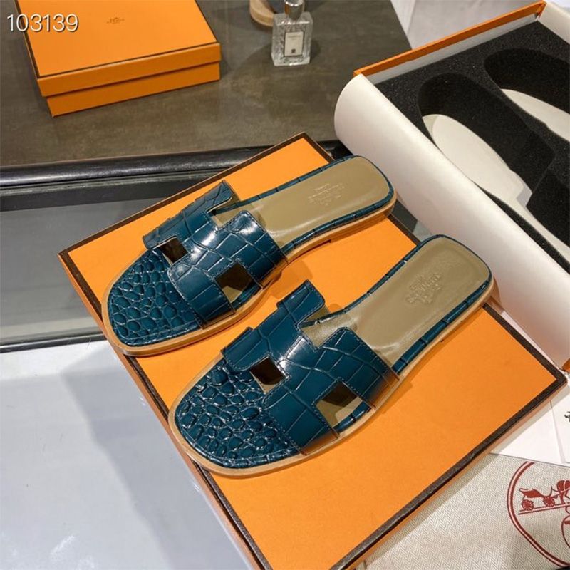 Hermes Oran Slides Women Alligator Leather In Blue