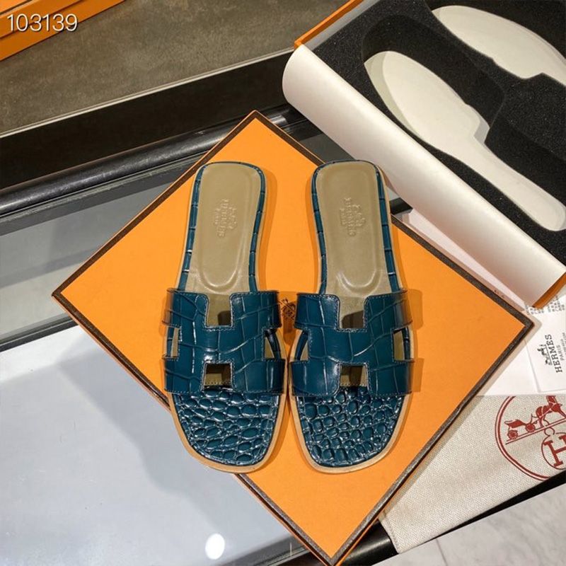 Hermes Oran Slides Women Alligator Leather In Blue