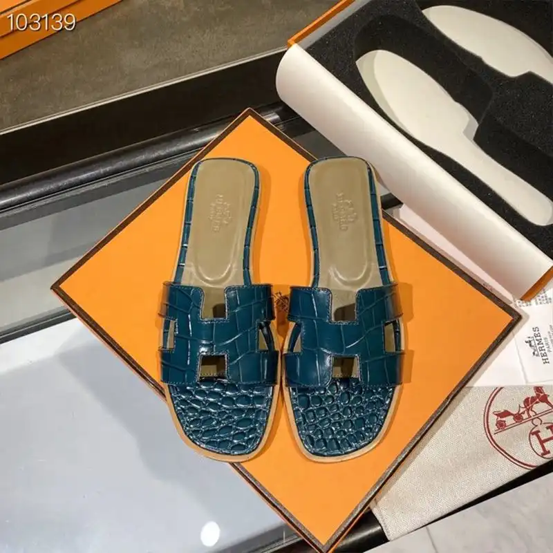 Cheap Hermes Oran Slides Women Alligator Leather In Blue