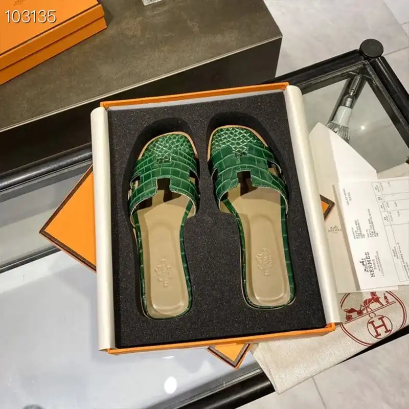 Hermes Oran Slides Women Alligator Leather In Green