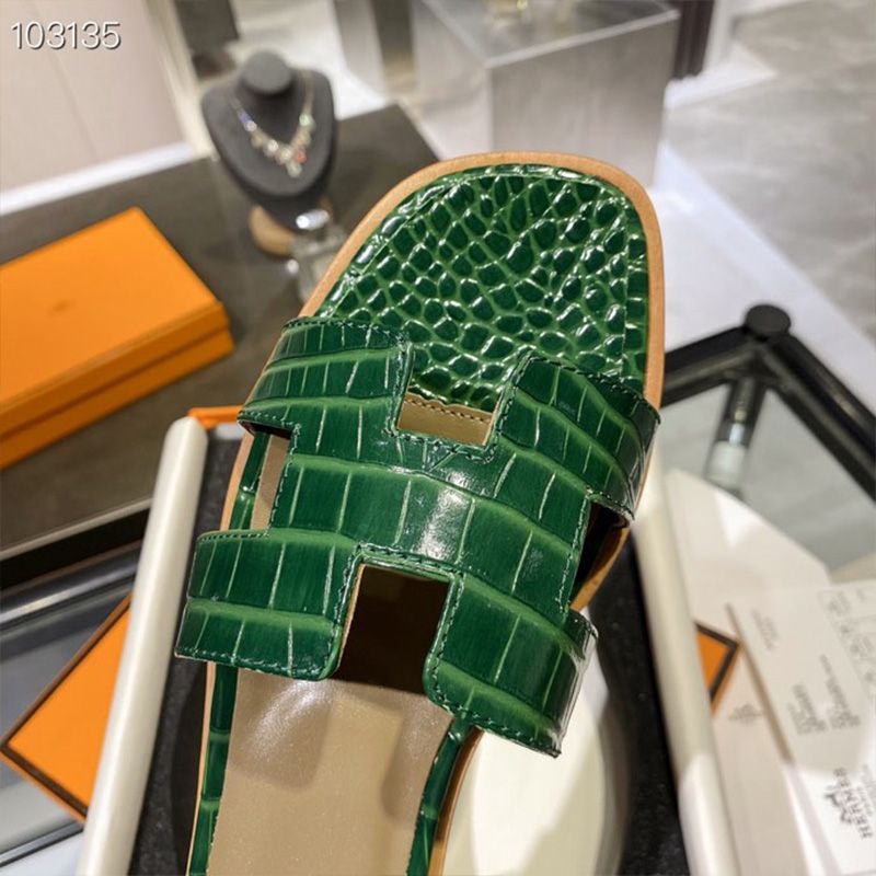 Hermes Oran Slides Women Alligator Leather In Green