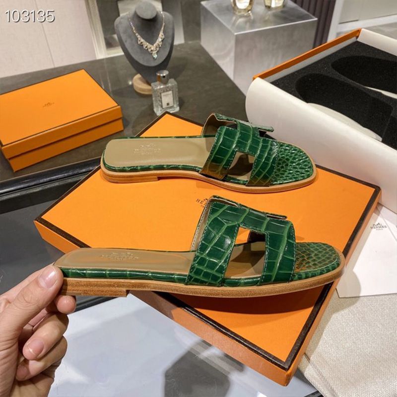 Hermes Oran Slides Women Alligator Leather In Green