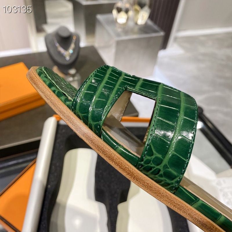 Hermes Oran Slides Women Alligator Leather In Green