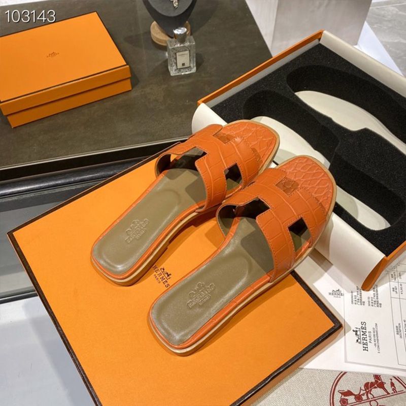 Hermes Oran Slides Women Alligator Leather In Orange