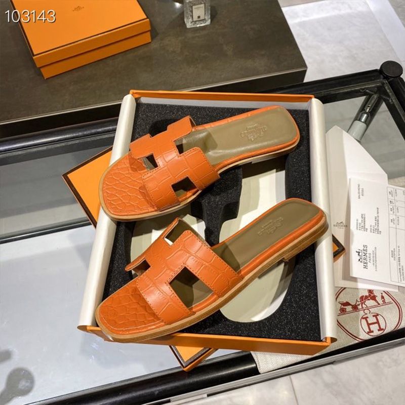 Hermes Oran Slides Women Alligator Leather In Orange