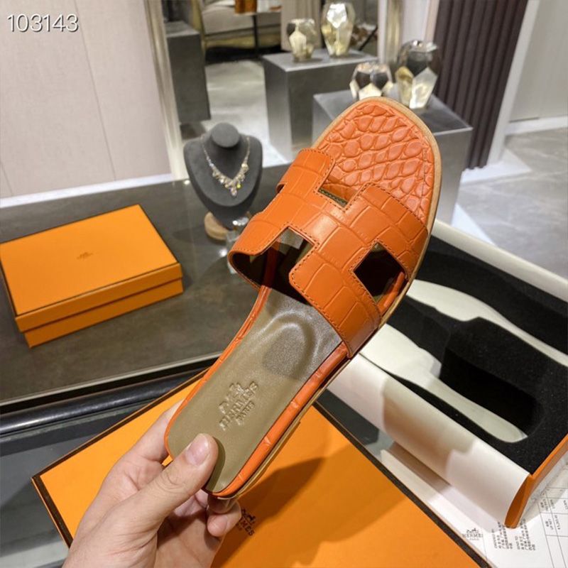 Hermes Oran Slides Women Alligator Leather In Orange