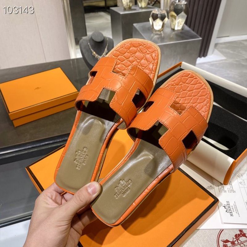 Hermes Oran Slides Women Alligator Leather In Orange