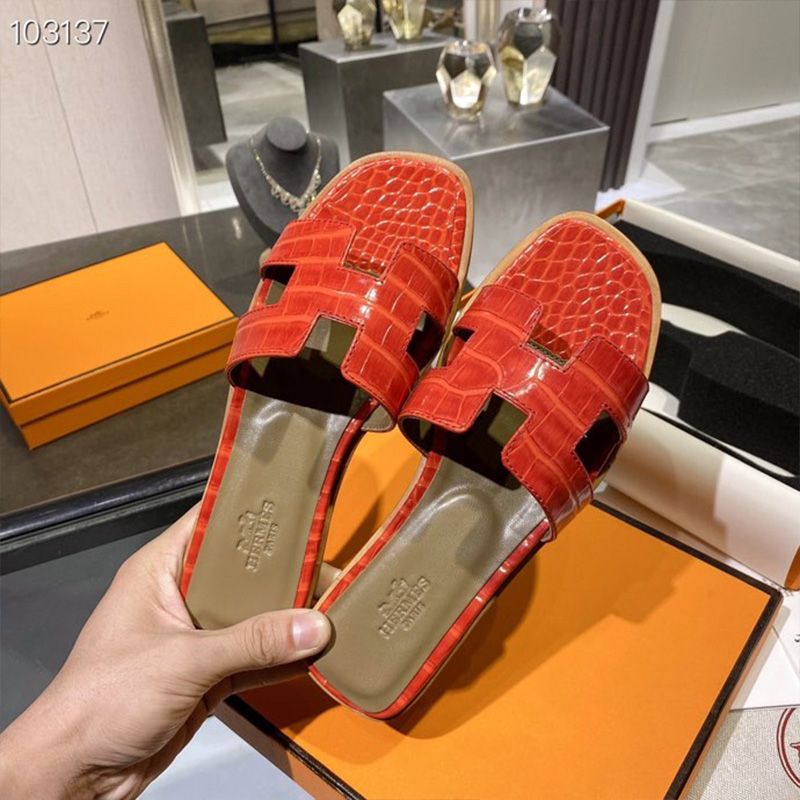 Hermes Oran Slides Women Alligator Leather In Red