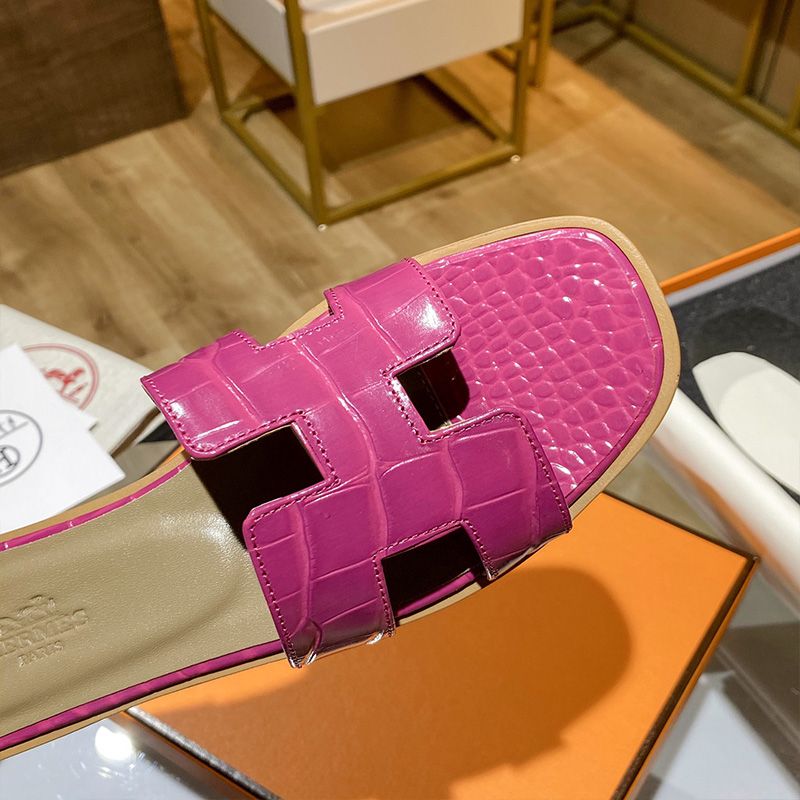 Hermes Oran Slides Women Alligator Leather In Rose