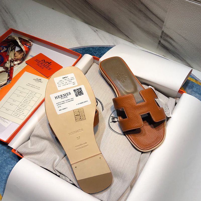 Hermes Oran Slides Women Calf Leather In Brown