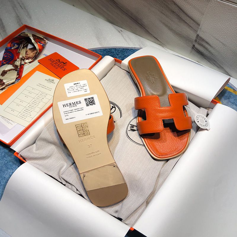 Hermes Oran Slides Women Calf Leather In Orange