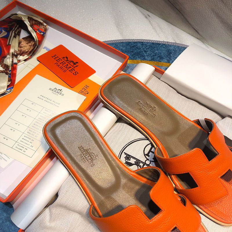 Hermes Oran Slides Women Calf Leather In Orange