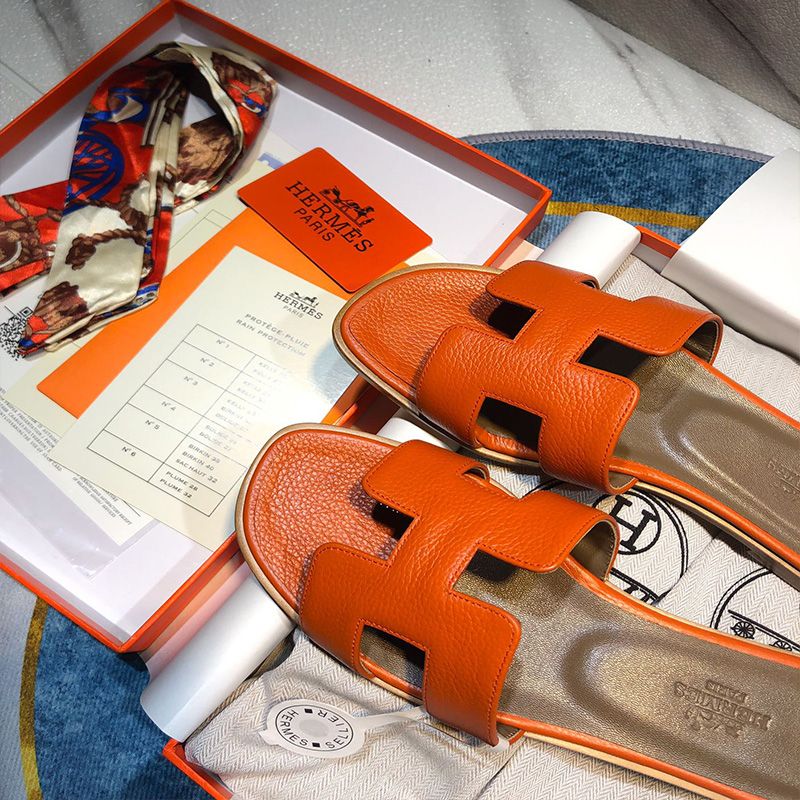 Hermes Oran Slides Women Calf Leather In Orange