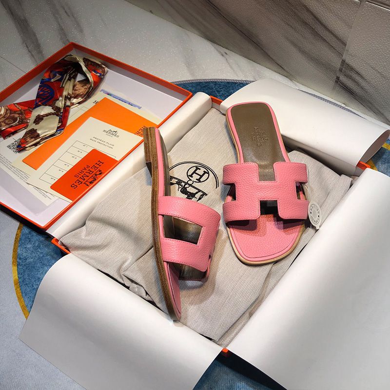 Hermes Oran Slides Women Calf Leather In Pink