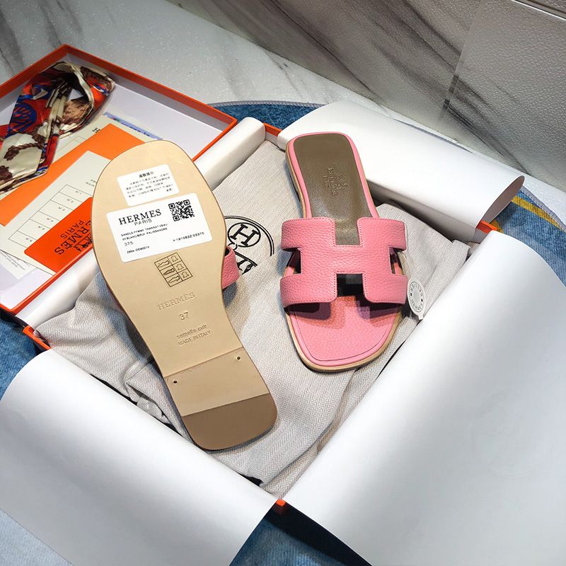 Hermes Oran Slides Women Calf Leather In Pink