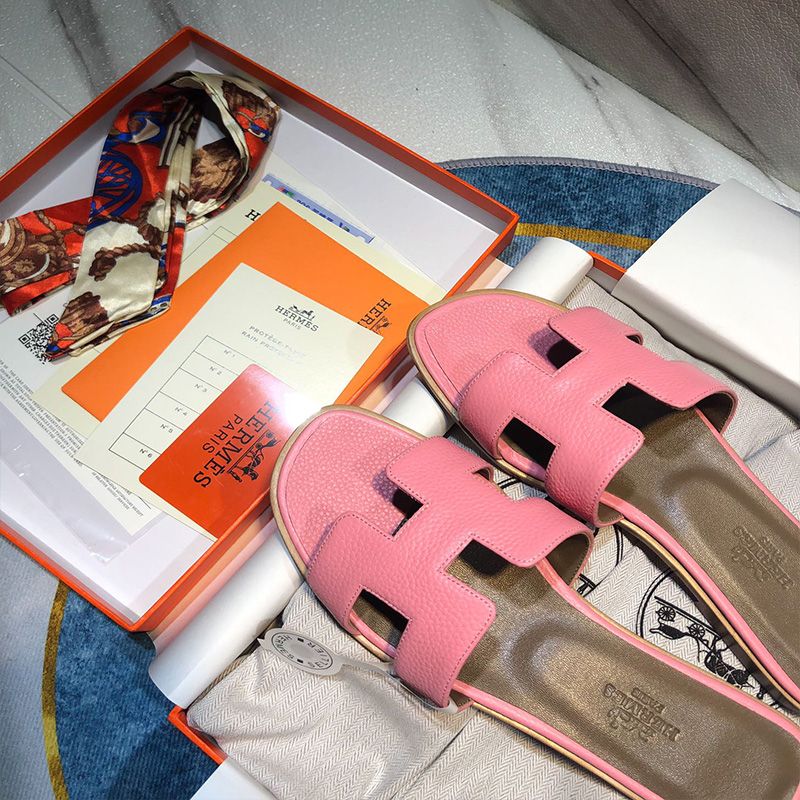 Hermes Oran Slides Women Calf Leather In Pink