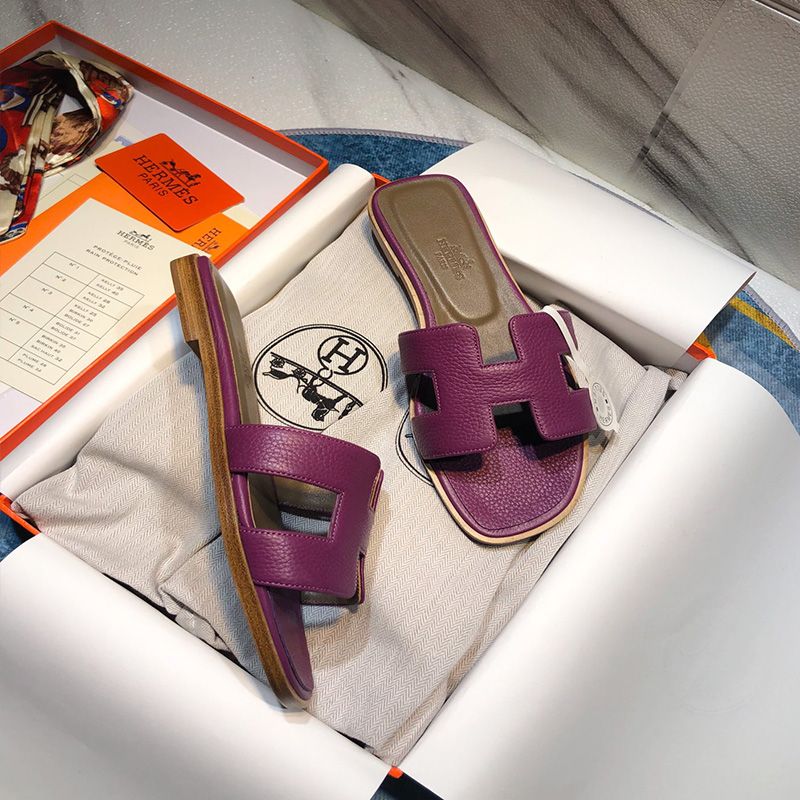 Hermes Oran Slides Women Calf Leather In Purple