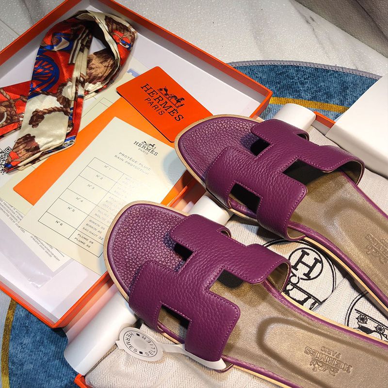 Hermes Oran Slides Women Calf Leather In Purple