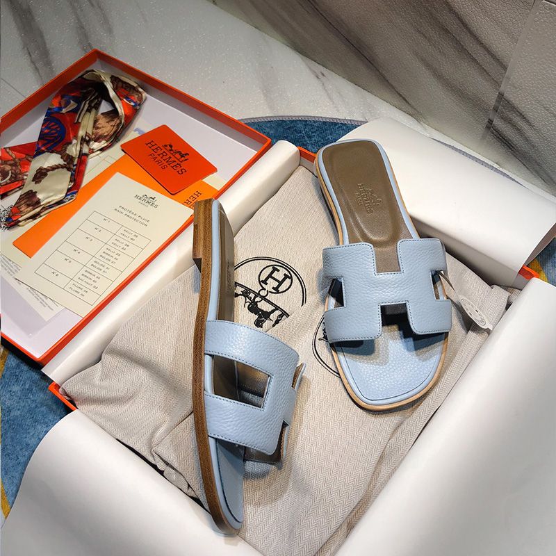 Hermes Oran Slides Women Calf Leather In Sky Blue