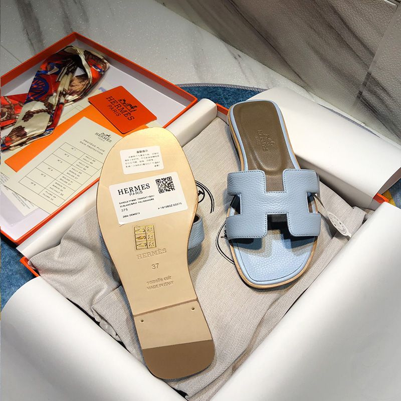 Hermes Oran Slides Women Calf Leather In Sky Blue