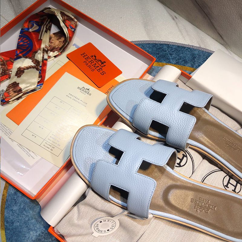 Hermes Oran Slides Women Calf Leather In Sky Blue