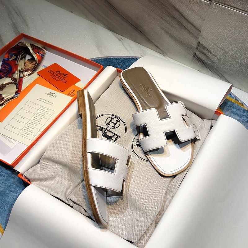 Hermes Oran Slides Women Calf Leather In White