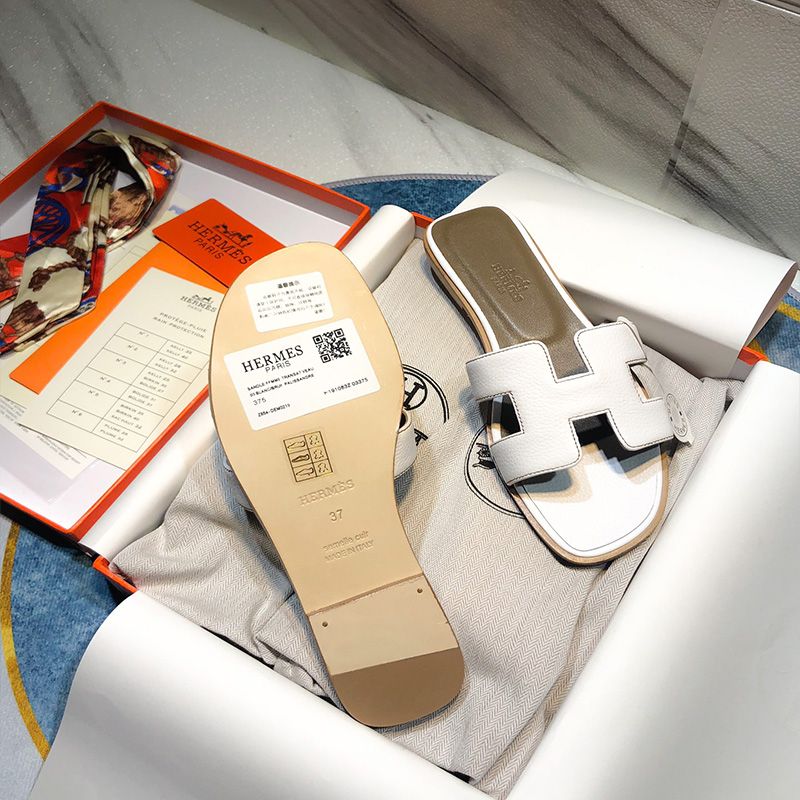 Hermes Oran Slides Women Calf Leather In White