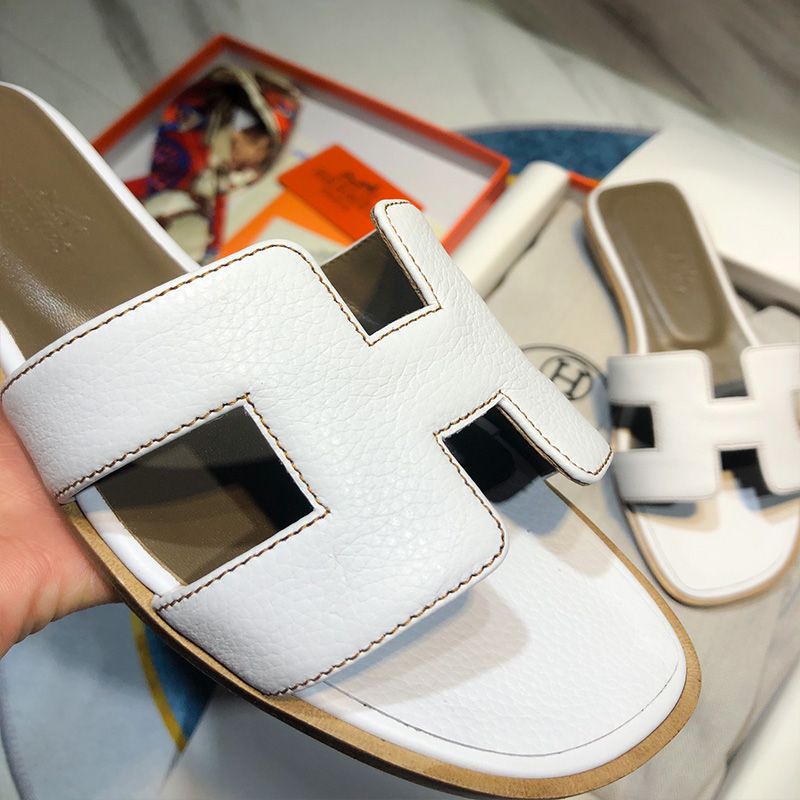 Hermes Oran Slides Women Calf Leather In White