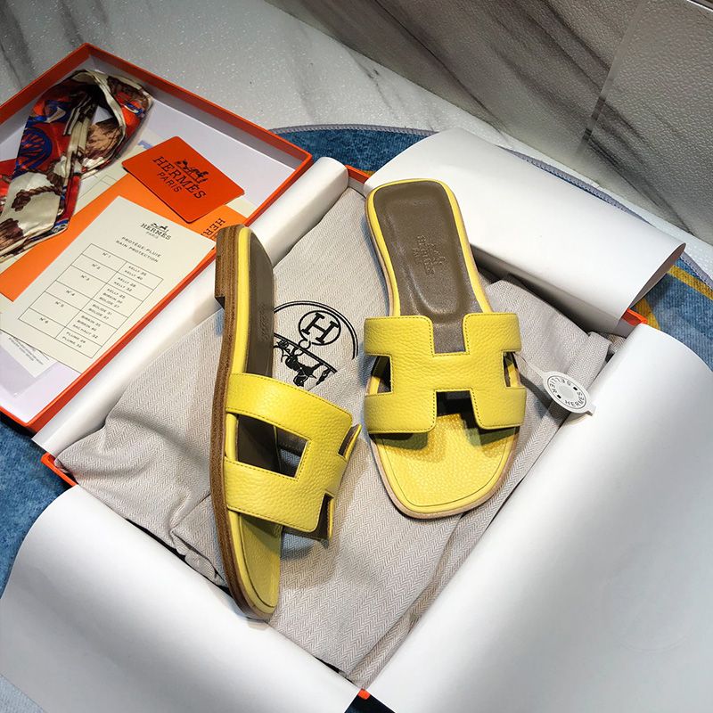 Hermes Oran Slides Women Calf Leather In Yellow