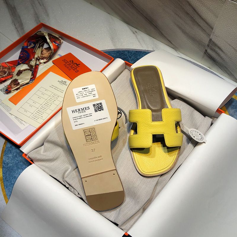 Hermes Oran Slides Women Calf Leather In Yellow