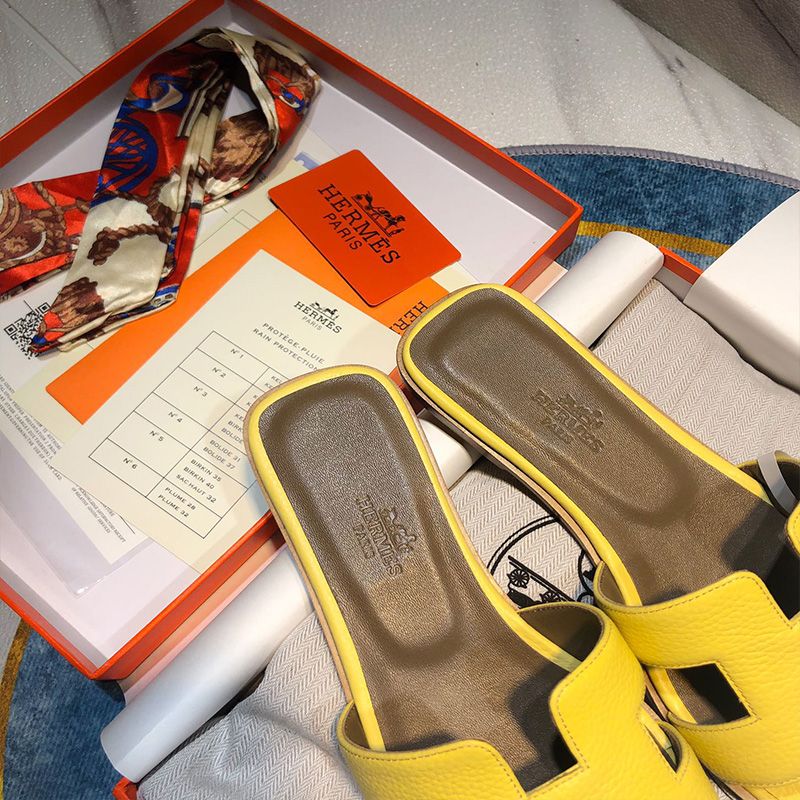 Hermes Oran Slides Women Calf Leather In Yellow