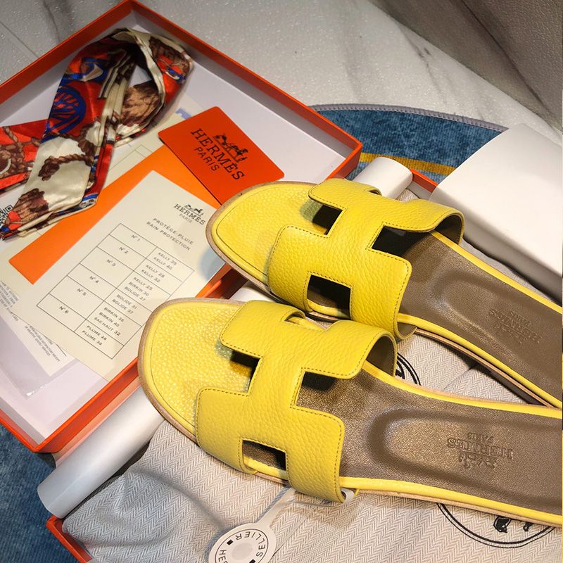 Hermes Oran Slides Women Calf Leather In Yellow