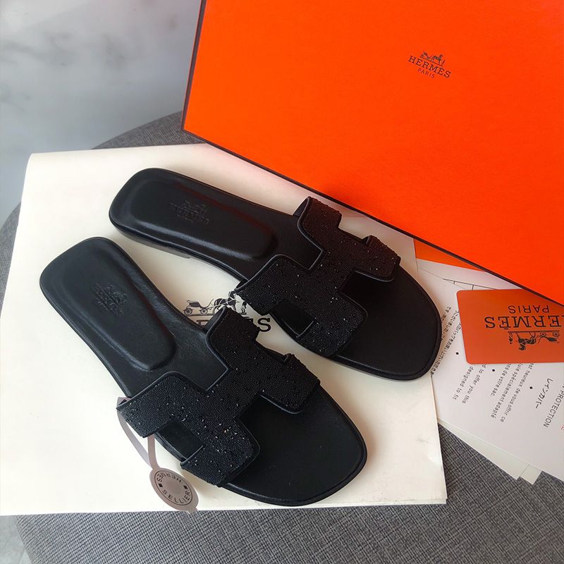 Hermes Oran Slides Women Glitter Leather In Black