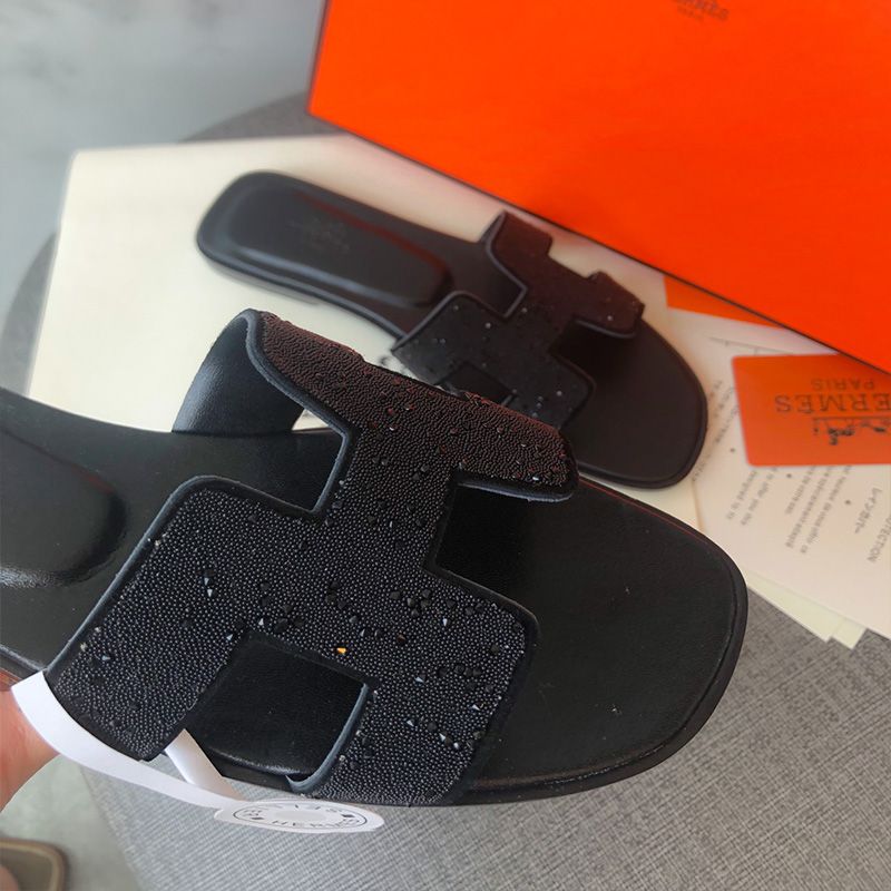 Hermes Oran Slides Women Glitter Leather In Black