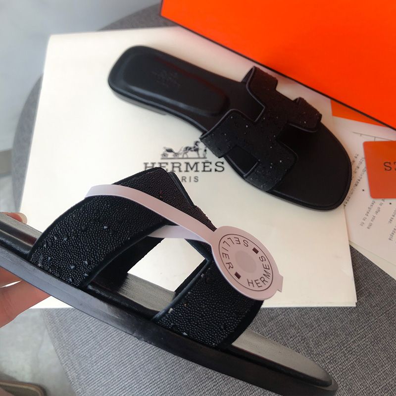 Hermes Oran Slides Women Glitter Leather In Black