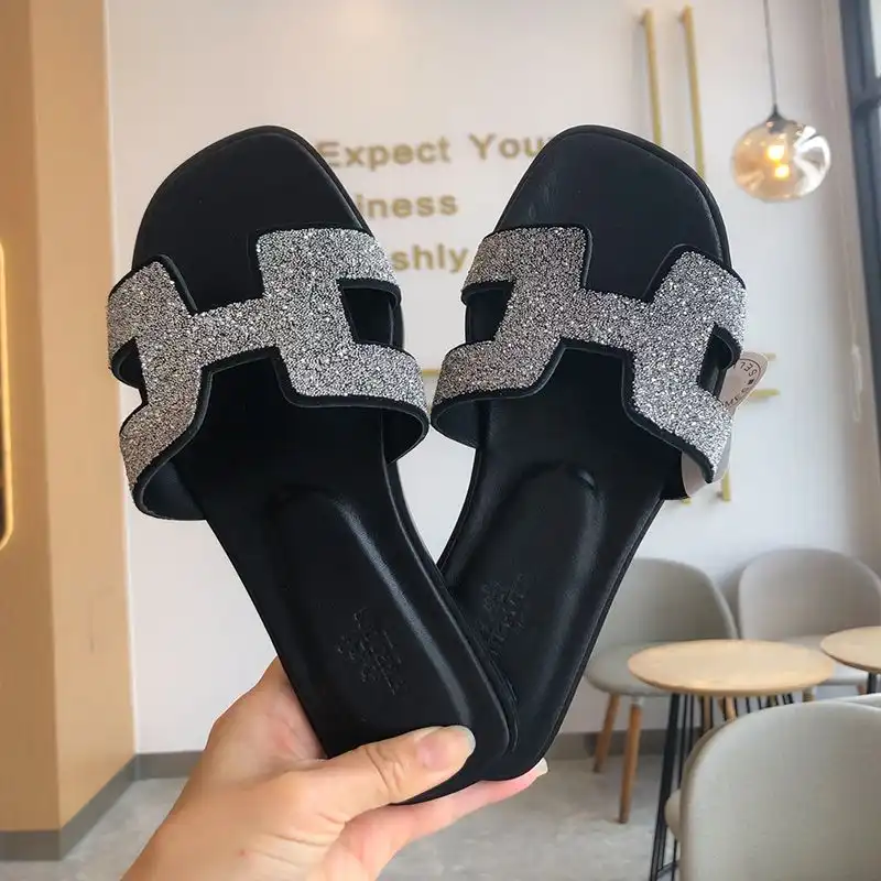 Hermes Oran Slides Women Glitter Leather In Black Silver