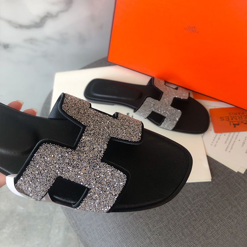 Hermes Oran Slides Women Glitter Leather In Black Silver