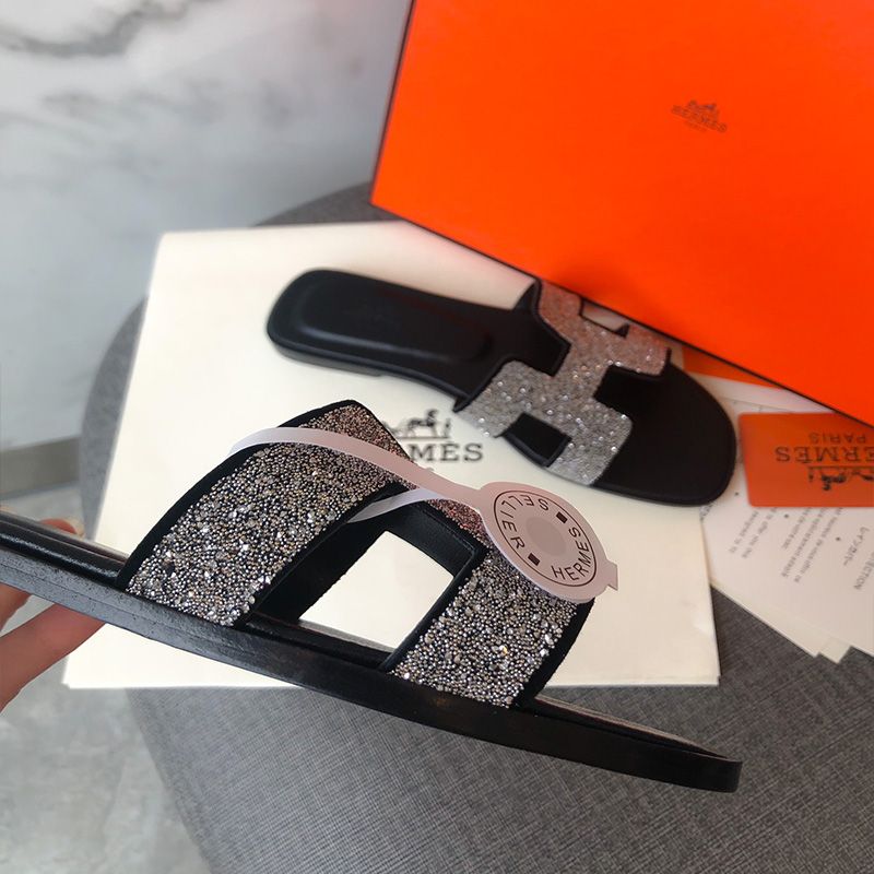 Hermes Oran Slides Women Glitter Leather In Black Silver